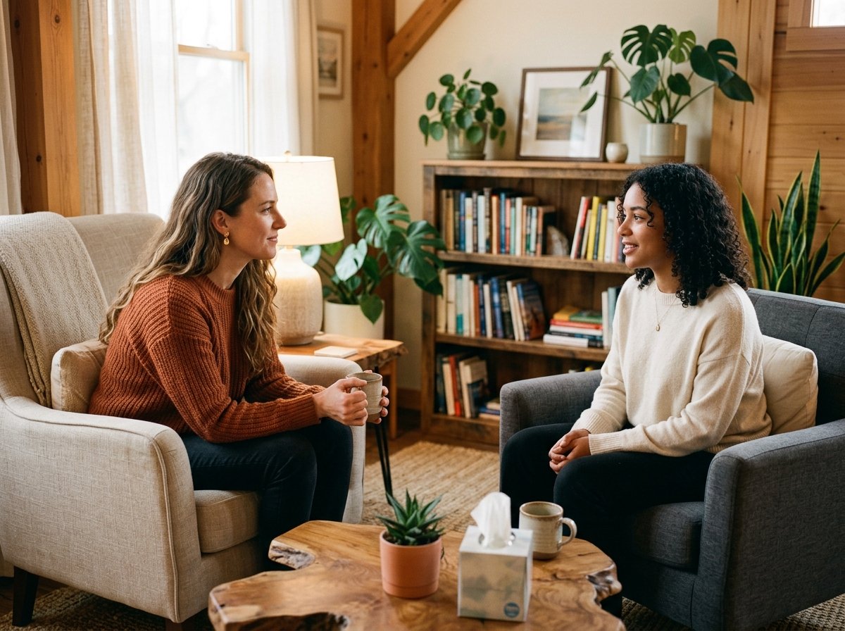 Compassionate and attentive listening conversation in a cozy room