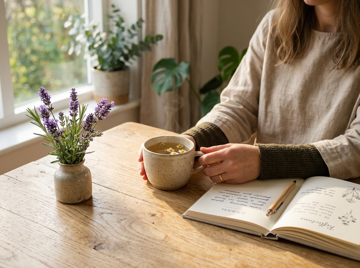 Calm reflective moment with herbal tea and journal